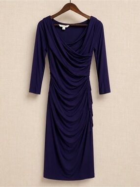DVF Bentley Ruched Jersey Dress Cobalt Blue Cowl Neck Midi Dress S